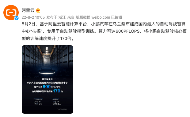 小鹏建成中国最大自动驾驶智算中心“扶摇”，，，，，焦点模子训练时长从7天缩短至1小时